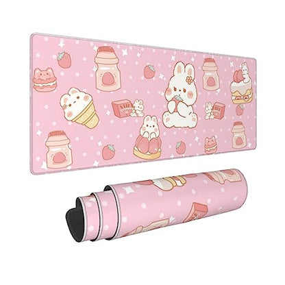 Kawaii Rabbit Strawberry Gaming Mouse Pad Extended Large Mouse Mat 31.5 X 11.8 Inch Nonslip Rubber Base Long Desk Pad Stitched Edges Mousepad Mice Pad for Office Home Game - color: Kawaii Rabbit Strawberry