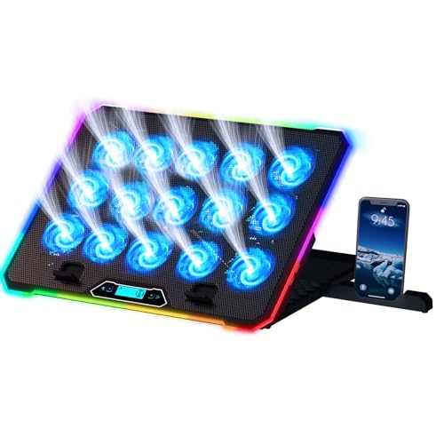 KLIM V15 Gaming Laptop Cooling Pad with 15 Fans + RGB Laptop Cooler + Adjustable Gaming Laptop Stand with Fan + Compatible up to 17 Inches + 2 USB Ports + Smartphone Holder + 5 Years Protection