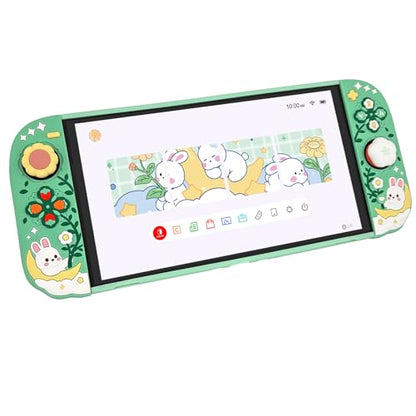 Protective Case for Nintendo Switch 2, Hard Back Shell + 2 Silicone Anti-Slip Controller Covers + 2 Joystick Caps, Rabbit and Flower Cover, Green - color: Green