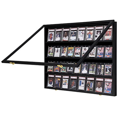 VERANI 36 Graded Sports Baseball Card Display Case Wall Mount Black | Lockable Trading Card Wall Cabinet,98% UV Block Acrylic Panel,Premium Wood Frame,Vertical Wall Mount Only - size: Large-Horizontal-Black-GoldLock