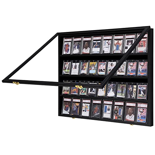 VERANI 36 Graded Sports Baseball Card Display Case Wall Mount Black | Lockable Trading Card Wall Cabinet,98% UV Block Acrylic Panel,Premium Wood Frame,Vertical Wall Mount Only - size: Large-Horizontal-Black-GoldLock