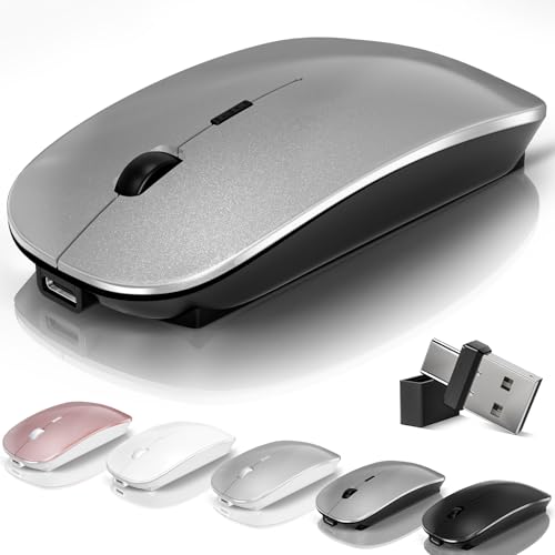 Wireless Bluetooth Mouse for MacBook Mac Air Pro Laptop PC Pad with Jiggler | Wireless Optical Rechargeable Silent Computer Mouse Dual Mode Switch Bluetooth 5.2/3.0 & 2.4G USB-A Type-C Receiver Gray - color: 4.Bluetooth Wireless Mouse (Gray)