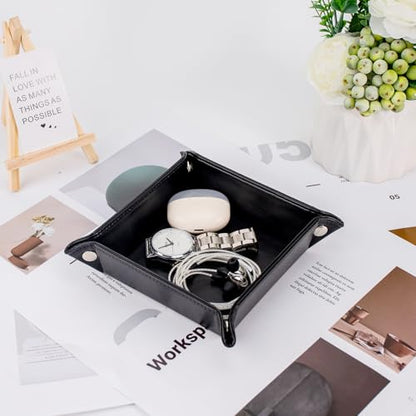 PU Leather Valet Tray for Mens and Women Catchall Tray for Keys,Watch,Jewelry Small Nightstand Bedside and Entry Table Tray Gift for Dad Husband (Black)