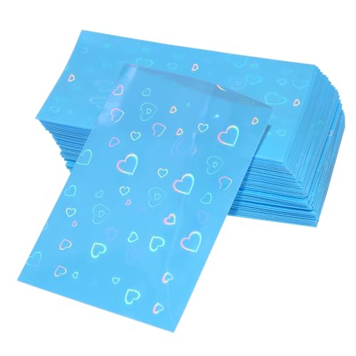 ONLYKXY 100pcs Soft Clear Plastic Heart Glitter Bag Storage Pouch Laser Sleeve Cover Pocket Holder Holographic Photo Protector Top Loader for 3in Trading Card Coin Jewelry (Blue) - color: Blue