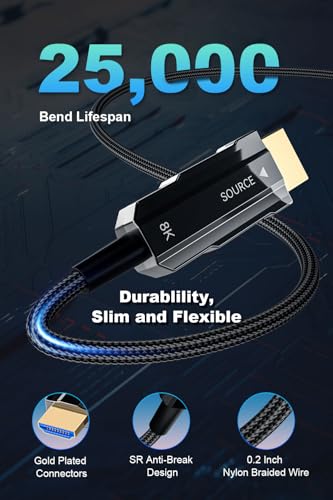8K Long HDMI 2.1 Cable 50ft, Fiber Optic HDMI Cable Braided Cord, High Speed Active HDMI Cable, 48Gbps, 8K@60Hz 4K@120Hz, Dynamic HDR, eARC, HDCP 2.2&2.3, 3D, for HDTV Monitor Game Laptop Xbox PS4/PS5 - size: 50ft (Fiber-Unidirectional)