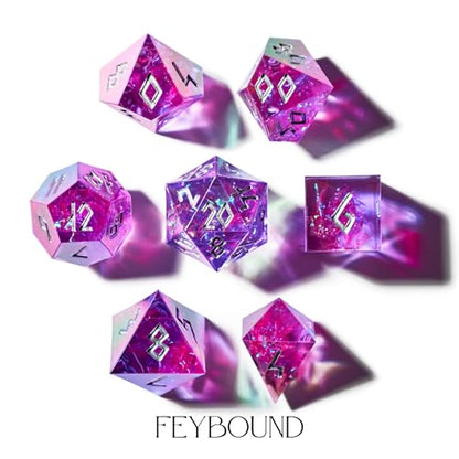 Iridescent DND Dice Set with Glowing LED Display Box – Sharp Edge Polyhedral Dice with Mesmerizing Finish | Bonus Stickers Included | Dungeons and Dragons (TTRPG) Dice Set - color: (Non-liquid Core) Iridescent - Feybound