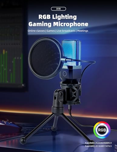USB Microphone for PC, Gaming, Streaming, Podcasting, Recording, Dynamic Condenser Mic with RGB Light, One-Touch Mute, Gooseneck Tripod, USB-C/USB-A, Vocal Mic for Singing YouTube