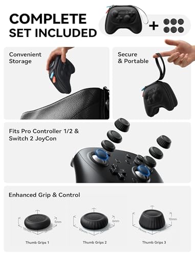 JSAUX Case for Nintendo Switch Pro / Switch 2 Pro Controller, 6 Thumb Grips | Slim Case, Hard Shell Travel Carrying Case, Portable Protective Bag with All Around Protection, Includes 6 Thumb Grips, Black - color: Slim Design + 6 Thumb Grips