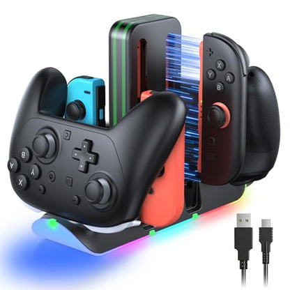 Switch 2/1/OLED Controller Charger, 6 in 1 Charging Dock Station for Joy Cons & for Pro Controller, Charging Stand USB Charging Indicator and USB Cable- Widely Compatibility