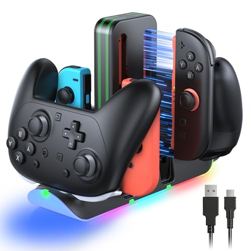 Switch 2/1/OLED Controller Charger, 6 in 1 Charging Dock Station for Joy Cons & for Pro Controller, Charging Stand USB Charging Indicator and USB Cable- Widely Compatibility