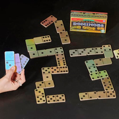 eeBoo Classic Mini Dominoes - 28 Piece Game Set, Shiny Golden Holographic Foil Tiles, Tile Laying Matching Game, Screen-Free Fun, Kids Ages 3+ - style: Classic