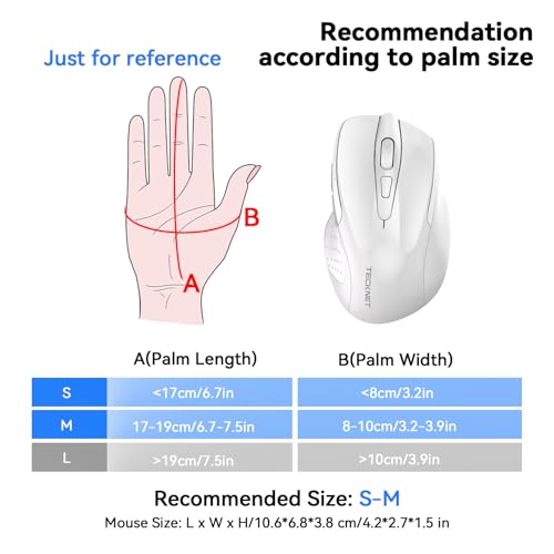 TECKNET Rechargeable Jiggler Wireless Mouse, Dual-Mode Connectivity, White | Silent USB A & Bluetooth Mouse, 6 Adjustable DPI, 6 Buttons, Ergonomic Design, Long Battery Life, Multi-Device Compatibility - color: White