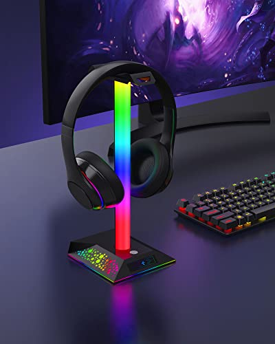 Hcman Headphone Stand Gaming Headset Holder RGB PC Gaming Accessories for Desk, Cool LED Headset Stand with 2 USB Charger for Gamer, Black | PC Accessories for Desk, Cool LED Headset Stand with 2 USB Charger for Gamer, Black