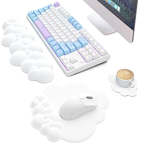 MANBASNAKE Cloud Mouse Pad Wrist Support Keyboard Wrist Rest Set with Ergonomic Memory Foam,Non-Slip Base,Cloud Coasters for Home,Office,Laptop,Desktop Computer,Easy Typing Pain Relief- White - color: White