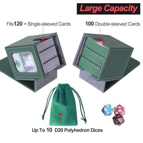 AFIING MTG Deck Box for Commander Display,Card Deck Box Fits 100 Double Sleeved Cards, Magic Commander TCG Card Storage case with 2 Dividers,Dice Bag and 1 Toploader(Green/Grey) - color: Commander Green Grey