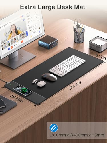 Magnetic Wireless Charging Mouse Pad, 31.5"x15.8" Large Desk Mat | Waterproof Mousepad, Smooth Glide, Stitched Edge, Non-Slip Rubber Base, Desk Pad Computer Keyboard Mat, No Adapter - color: Black-31.5"x15.8"-Mag