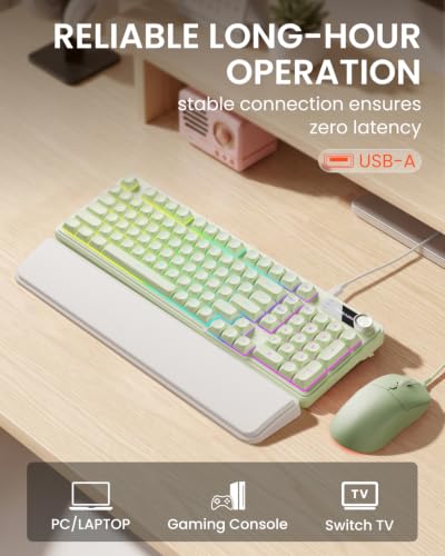 EWEADN Wired Keyboard and Mouse Combo with Detachable Wrist Rest, Quiet Ergonomic Keyboard Mouse Set with Multimedia Knob, RGB Backlit, Double-Shot Keycaps Natural Typing for Laptop, PC - Green - color: Green