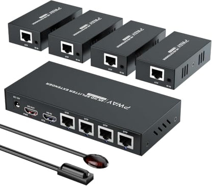 4K @60Hz HDMI Extender Splitter 1x4 Video by CAT5 CAT6 CAT7 Ethernet Cable | Extend 196ft, with IR, Support HDR10-Loop Out-Poc, Work with large UHD TVs, for Church, Classroom, Sports Events - size: 1x4 4K60Hz 196ft