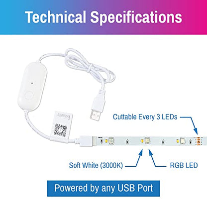 CLEANLIFE Smart LED Strip Light, RGB/3000K, WiFi & BLE, USB, 12.3 ft | App-controlled, dimmable, Bluetooth pairing, mounting hardware incl., for under-cabinet & TV backlight use, 15,000 hr life - size: 12.3 Ft