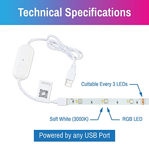 CLEANLIFE 8.2 ft Smart USB LED Light Strip, RGB/3000K, WiFi & BLE | 5VDC, 3.5W, 80 CRI, IP20, tunable RGB to 3000K, WiFi & Bluetooth connectivity - size: 8.2 Ft