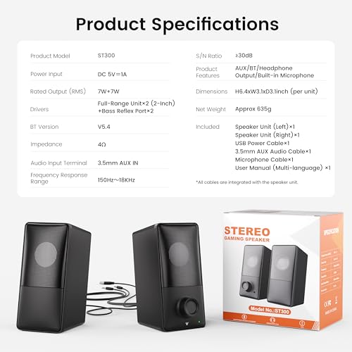 kstime Computer Speakers with Bluetooth 5.4, 14W Bass Reflex Stereo PC Speakers with 15° Tilted Design, USB Powered & AUX Inputs, Built-in Mic & Headphone Jack for Desktop, Laptop, and Phones