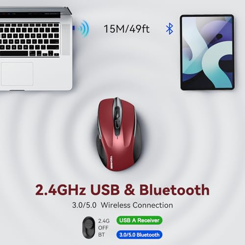 TechRise Bluetooth Mouse (BT5.0/3.0 & 2.4G) Rechargeable Wireless Mouse, 4800 DPI Optical Tracking, 6 Adjustable DPI, 2.4GHz with USB A Receiver, Quiet Clicks, Ergonomic Grips, 6 Buttons - Red - color: Red