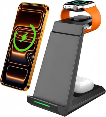 Wireless Charging Station for iPhone - ADADPU 3 in 1 Charger Stand for iPhone 17 16 15 14 13 12 11 Pro Max XR 8 Plus, for Apple Watch 8/7/SE/6/5/4/3/2, AirPods Pro/3/2(with 5ft Cable and 20W Adapter)