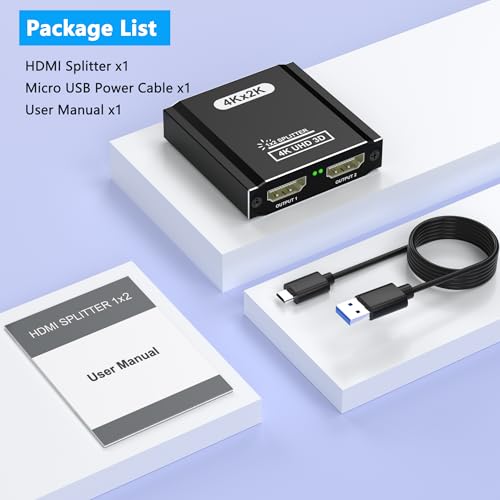 HDMI Splitter 1 in 2 Out, 4K HDMI Splitter for Dual Monitors- Copy 1 Source to 2 Displays at The Same Time (Need Power 5V 1A), Monitor Split for 2 Monitors, Compatible for Projector/TV/Monitor.