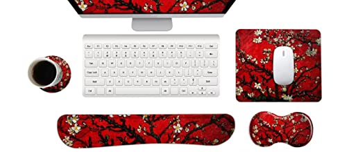 Keyboard Wrist Rest and Mouse Pad with Wrist Support Set Ergonomic Coaster, Memory Foam Mousepad Non-Slip Rubber Base Durable Comfortable for Easy Typing Pain Relief, Red Painting - color: Red Van Gogh Painting