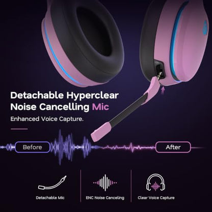 AOC 2.4GHz Wireless Gaming Headset for PS5, PS4 Fortnite & Call of Duty/FPS Gamers, PC, Switch, Bluetooth 6.0 Gaming Headphones with Noise Canceling Mic, 7.1 Virtual Surround, 45Hr - Blush Pink - color: Blush Pink