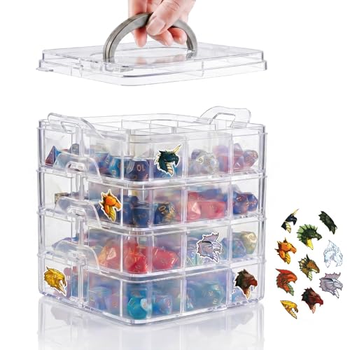 PUGED DND Dice Storage Box with Removable Dividers Polyhedral Dice Plastic Organizer Holding Up To 1200 Dices Craft Bead Compartment Container with Stickers for Sewing, Jewelry, Art, DIY - size: 4 layers