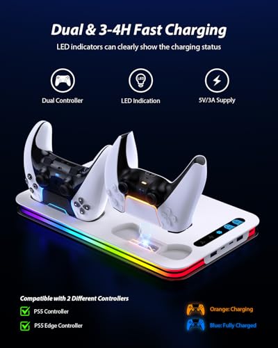 PS5 Cooling Station for PS5/Slim/Pro,PS5 Fan Cooling Fan with 8 RGB Light P5 Cooling Stand with 3 Level Fan Vertical Controller Charger Station with Dual Controller Chargers Dics Storage 4 HUB