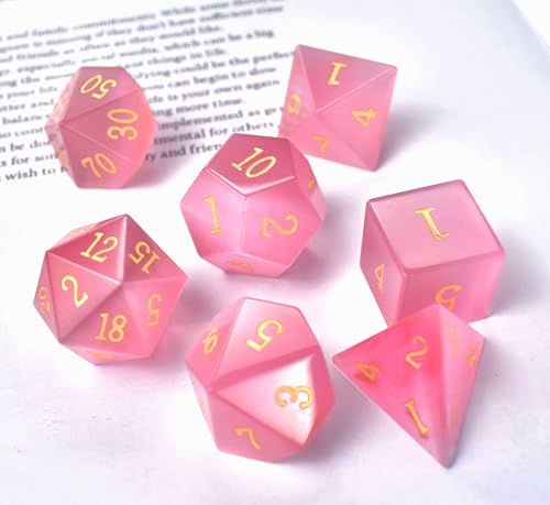 Natural Gemstone DND Dice Set,7 Pcs Pink Cat's Eye Handmade Polyhedral D&D Dice with Gift Metal Box for Dungeons and Dragons MTG Role Playing Games (Pink Cat's Eye) - color: Pink Cat's Eye