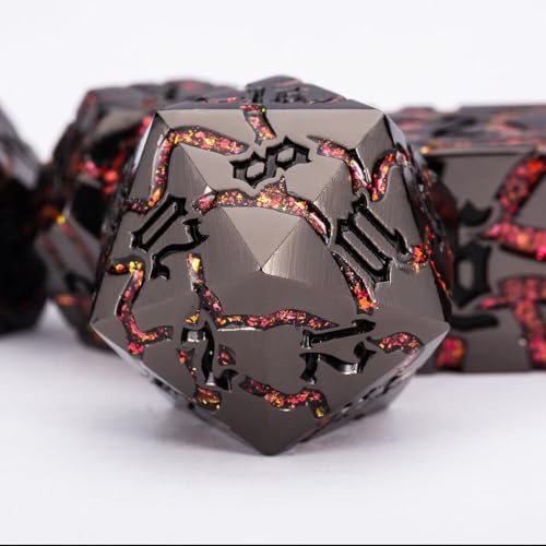 Cracked Rune Metal Dice Set for DND & RPG – Dark Fantasy Fractured Design, Premium Heavy Metal Polyhedral Dice with Deep Engraved Numbers, 7-Piece Set – Red Infernal Vein - color: Matte Black Red