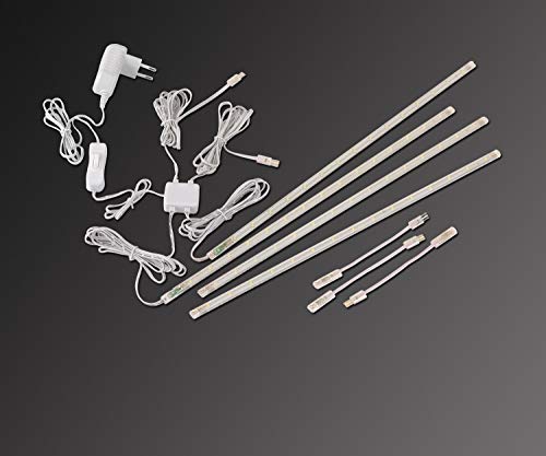 LED Display Light Bar Kit - (4) 16inches Plug-in Linkable Strip Lights for Large Display Cabinet - Series + Parallel Connection - White 6000K | 6000K White Ultra Thin Light Bar for Curio Cabinet, Bookshelf, Store Display Case. End-to-End Linkable, Low Hea