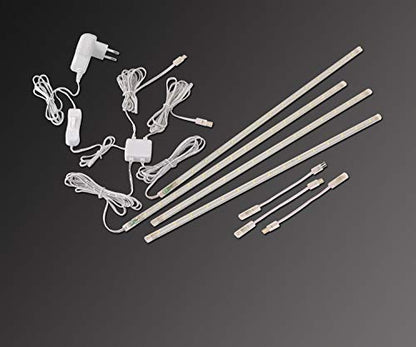 LED Display Light Bar Kit - (4) 16inches Plug-in Linkable Strip Lights for Large Display Cabinet - Series + Parallel Connection - White 6000K | 6000K White Ultra Thin Light Bar for Curio Cabinet, Bookshelf, Store Display Case. End-to-End Linkable, Low Hea