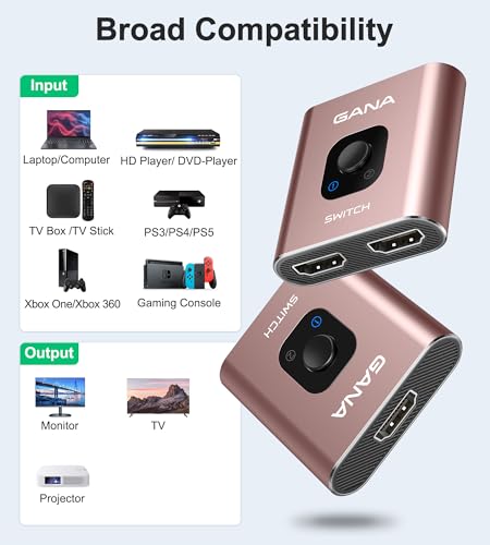 HDMI Switch 4k@60hz Splitter, GANA Aluminum Bidirectional HDMI Switcher 2 in 1 Out, Manual HDMI Hub Supports HD Compatible with Xbox PS5/4/3 Blu-Ray Player Fire Stick Roku - color: Rose Gold (No Cable)