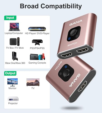 HDMI Switch 4k@60hz Splitter, GANA Aluminum Bidirectional HDMI Switcher 2 in 1 Out, Manual HDMI Hub Supports HD Compatible with Xbox PS5/4/3 Blu-Ray Player Fire Stick Roku - color: Rose Gold (No Cable)