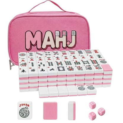American Mahjong Tile Set, 166 Pink Mahjong Tiles with Carry Bag | 1.2-Inch Engraved Tiles, Melamine, Durable, Portable, with Mahjong Bag & 3 Dices for Travel, Family Game Nights, and Gifting - color: Pink