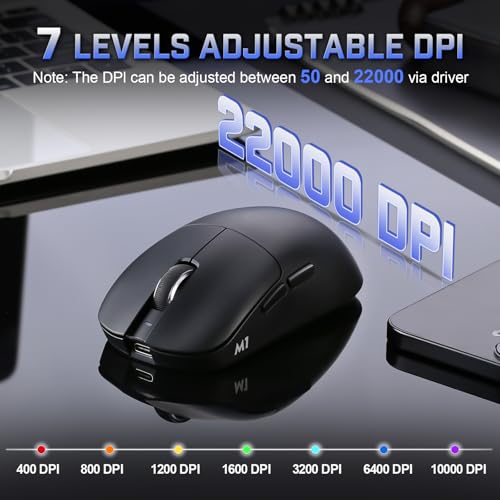YUNZII M1 PAW3311 Sensor Wireless Gaming Mouse (Black) | 7-Level DPI Adjustment Up to 10000 DPI, Stable 1000Hz polling rate, 60g Lightweight Design, Easy Software for Win & Mac - color: Black