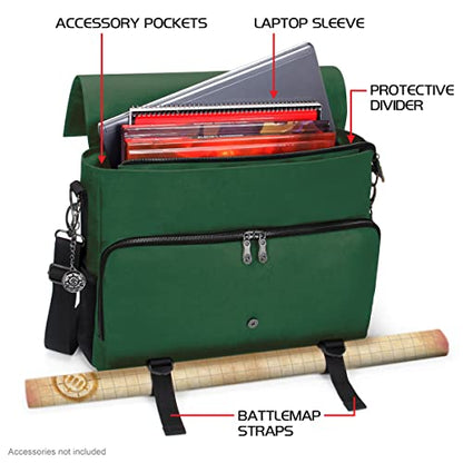 ENHANCE Collector's Edition RPG Player's Essentials DnD Bag - Dragon Hide Exterior Messenger Bag Fits 2-4 Books, Binders, Dice & Accessories, with 17 inch Laptop Slot, Battlemap Straps (Dragon Green) - color: Dragon Green