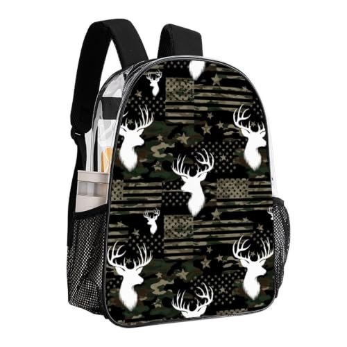 Heavy Duty Clear Daypack Reinforced Bottom for Travel Sporting | Heavy Duty, Camouflage American Flag Hunting Camo Deers, See Through Daypack - color: Pattern (836)