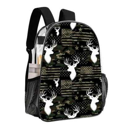 Heavy Duty Clear Daypack Reinforced Bottom for Travel Sporting | Heavy Duty, Camouflage American Flag Hunting Camo Deers, See Through Daypack - color: Pattern (836)