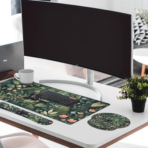 Britimes Green Plants Keyboard Mouse Pad Set Cute Black Cat 4in1 Large Mousepad+Keyboard Wrist Rest+Mouse Wrist Rest+Coaster Ergonomic Design for Home Office Computer 35.4x15.7 inches - color: Cat in the Grass