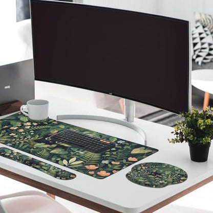 Britimes Green Plants Keyboard Mouse Pad Set Cute Black Cat 4in1 Large Mousepad+Keyboard Wrist Rest+Mouse Wrist Rest+Coaster Ergonomic Design for Home Office Computer 35.4x15.7 inches - color: Cat in the Grass