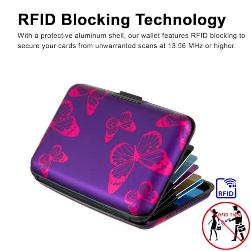 Credit Card Holder, Metal Card Wallet RFID Blocking Mini Slim Aluminum Business Hard Card Case for Women Men (Purple Butterfly) - color: Purple Butterfly