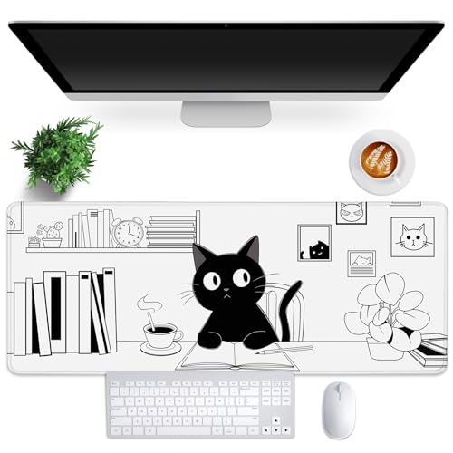 Gaming Mouse Pad for Computer,Large Mouse Pads for Desk Keyboard, Black Anime Cat Desk Mat Laptop,Cute XXL Waterproof Keyboard Pad,Extended Big Non-Slip Rubber Mousepad (Black Cat) - color: Black Cat