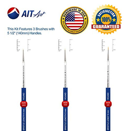 AIT Art Round Paint Brushes, Pack of 3, Miniature Sizes 20/0, 10/0, 3/0, Acrylic Handles with Beveled End, Handmade in USA for Trusted Performance