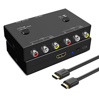2 AV to HDMI, 1080P/720P TV 2 Way RCA Composite CVBS AV Switch to HDMI Video Audio Converter Adapter Support 4:3/16:9 Switching, for Sega Xbox PS2 PS3 N64 NGC SNES WII VHS VCR Camera DVD - style: 2 RCA Converter