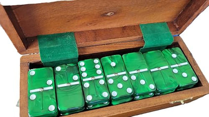 Marion Domino Double Six Green Marbleized Jumbo Tournament Professional Size with Spinners in Dovetail Sheesham Wood Box. - color: Green Marbleized